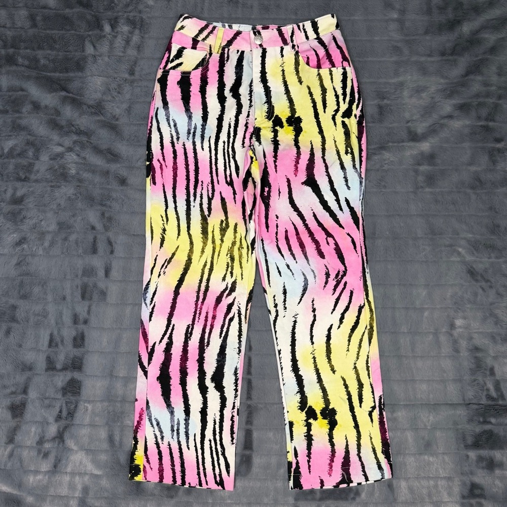 Generation Kiss Womens XS Zebra Print Tie Dye Straight Leg Jeans Pink Yellow
